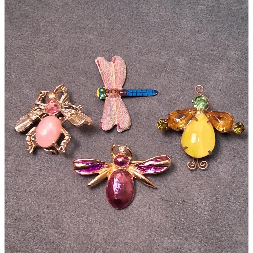 Vintage Fly Brooch Bundle (4) Rhinestones Lucite Tin